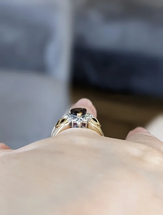 Antique 10K Gold Heart Cut Garnet Ring with Diamond Halo - Picture 9 of 14